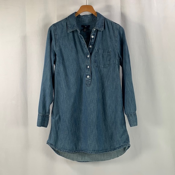 GAP Dresses & Skirts - Gap Denim Pullover 1/2 Button Down Long Sleeve Blue Jean Shirt Mini Dress Size S